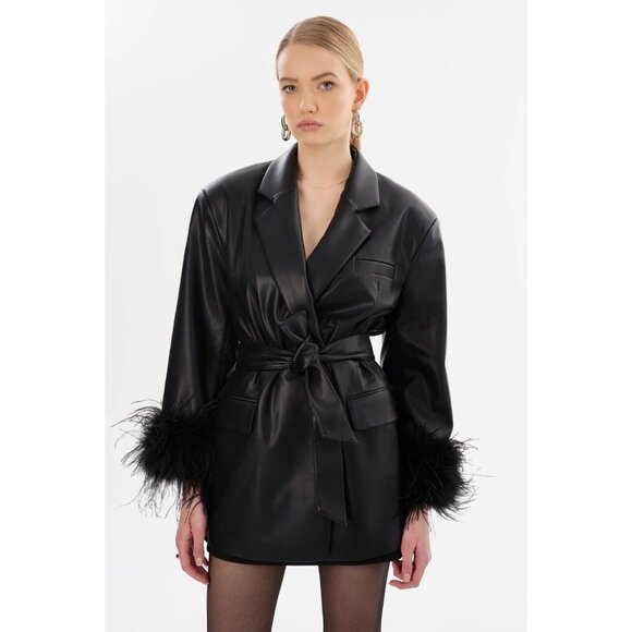 LAMARQUE Galia Faux Leather Oversized Blazer  Black Feather - Picture 1 of 6